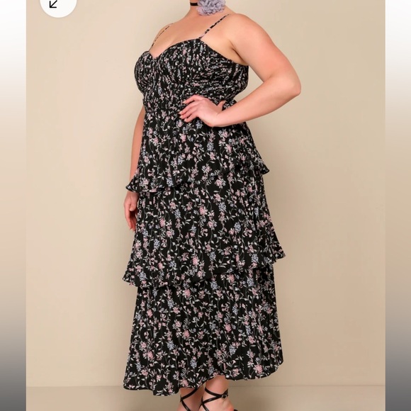 Lulus Cascading Crush Black Floral Print Tiered Bustier Midi Dress BNWT - Picture 3 of 13